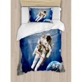 thumbnail image 3 of Outer Space King Size Duvet Cover Set, Astronaut on the Grunge Half Done with Geometric Brushstroke SciFi Modern Art, Decorative 3 Piece Bedding Set with 2 Pillow Shams, Blue Biege, by Ambesonne, 3 of 3