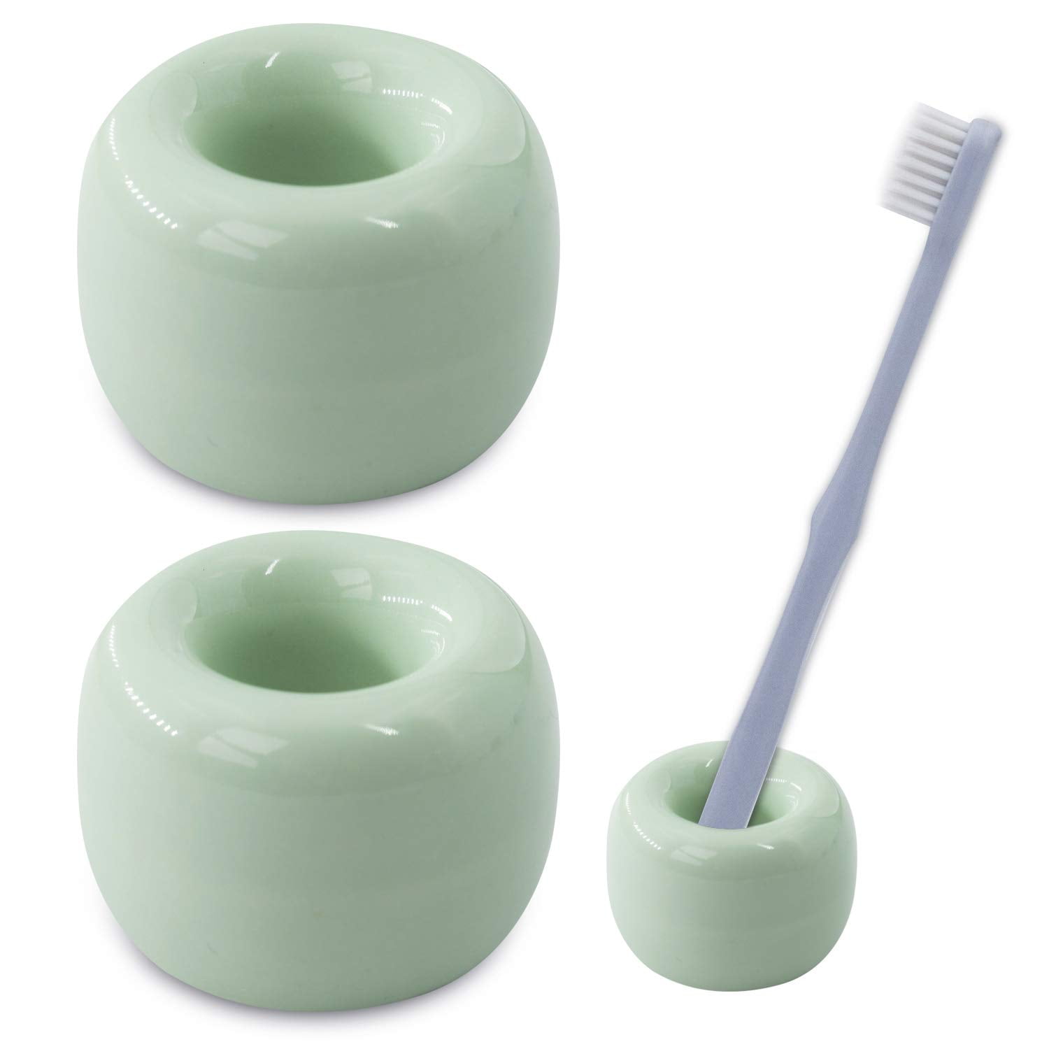 2 Pack Mini Ceramics Handmade Couple Toothbrush Holder Stand for Bathroom Vanity Countertops, Green