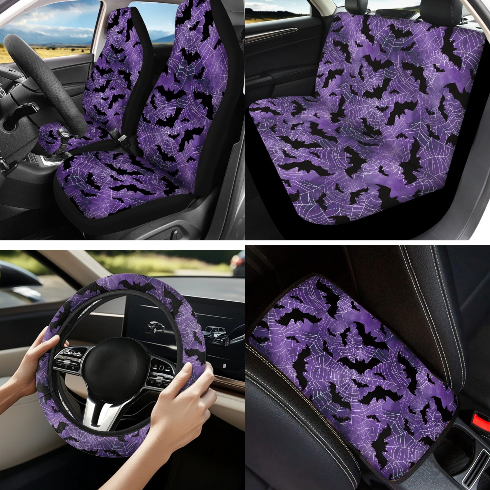 Yuyamidu Bat Car Seat Covers Full Set Purple Cobweb Steering Wheel Cover Safe Belt Pads Center Console Cover Lip Balm Pouch Coasters Keychain, Auto Interior Accessories Set of 13