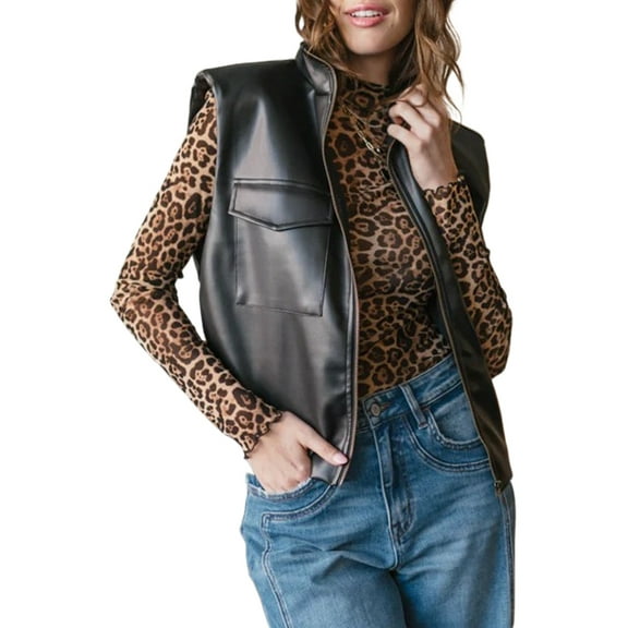 Women's Black Double Flap Pocket Faux Leather Zip Up Vest with Stand Neck - [ZhiHiMeRi] | L