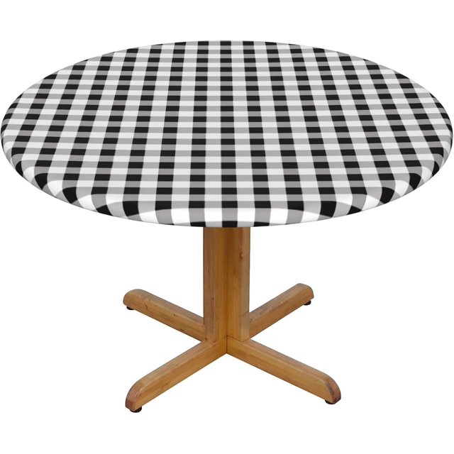 Round Fitted Tablecloth 54 Inch, White Black Buffalo Check Plaid Fitted Round Table Cover Elastic Edged Table Cover Waterproof Tabletop Cover Decorative Table Cover for Dining, Party, Buffet, Wedding