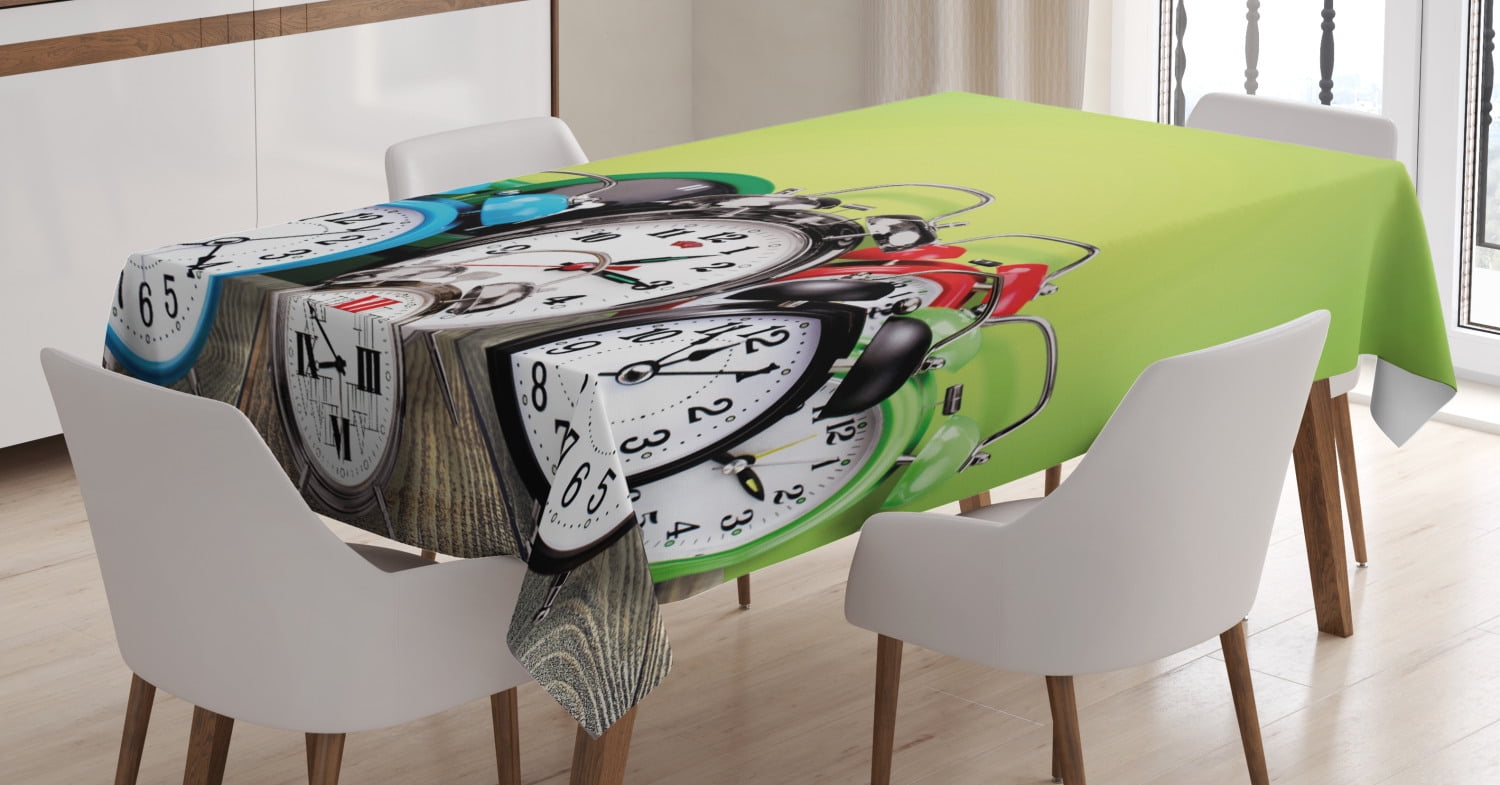 Clock Decor Tablecloth, A Group of Alarm Clocks on the Wooden Ground Digital Print Nostalgic
