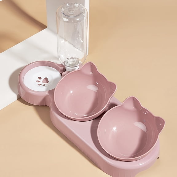 3‑in‑1 Tilted Cat Bowls Set with Gravity Water Feeder, Ear‑Shaped Raised Pet Food and Water Bowl for Neck‑Spine Protection