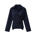 thumbnail image 5 of ClodeEU Women Collared Long Sleeve Wrap Cross Waist Slim Blouse,Casual Office Blouse Blue,Women's Plus XL, 5 of 8