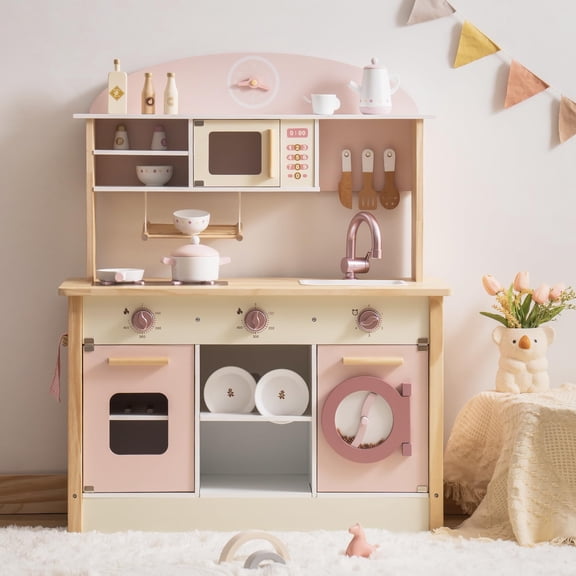 Robotime Wooden Play Kitchen with Realistic Accessories for Kids Toddlers Girls & Boys Modern Style Cooking Toy Pink Kitchen