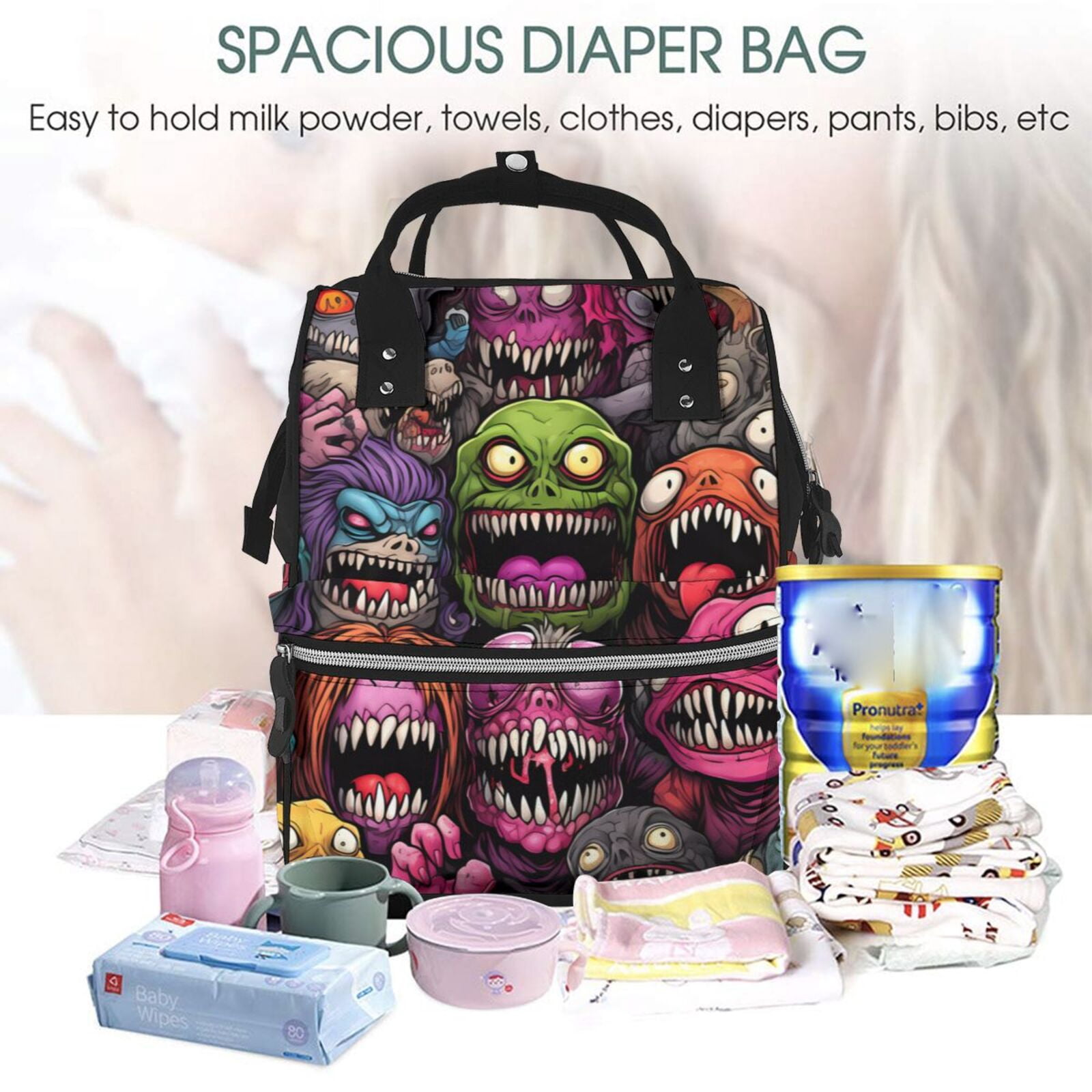 Ratiio Monstrous Cartoon Characters Mummy Backpack - Waterproof Twill Canvas, Large Capacity Diaper Bag with Multiple Pockets and Adjustable Straps