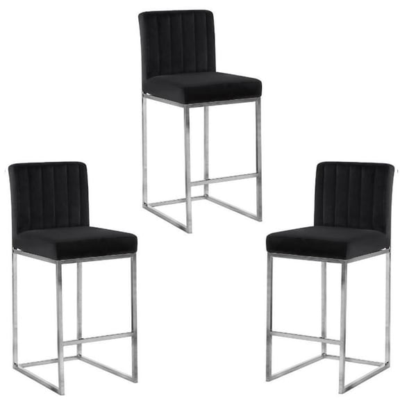Home Square 3 Piece 26" Velvet Counter Stool Set with Gray Metal Base in Black