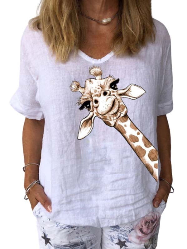 Women's Summer Giraffe Print V-neck Shirts Short Sleeve Loose Tops