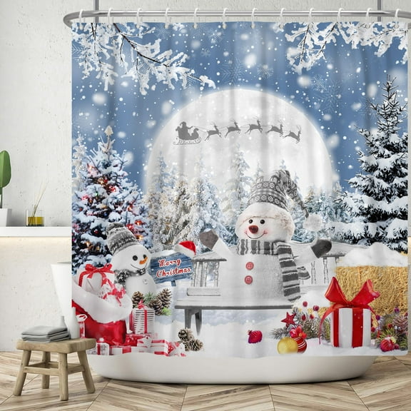 SUNOLIFE Merry Christmas Shower Curtain Winter Snowman Waterproof Fabric Bathroom Curtain 72x72 in