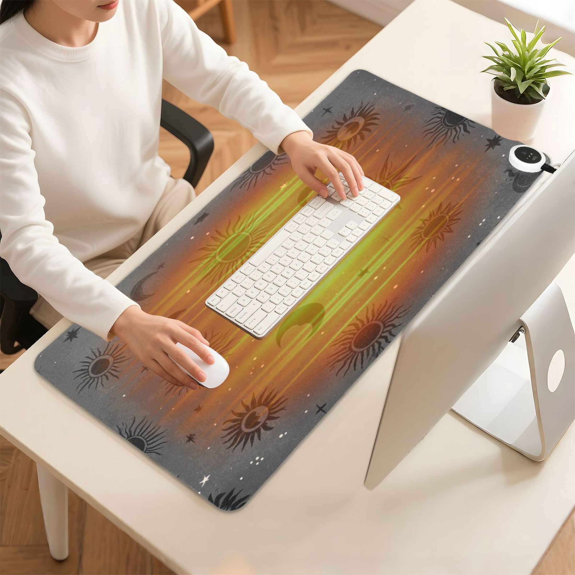 Large Heated Desk Mat Mouse Pad 31.5"x13"PU Leather Graphene Heating Desk Warmer with 3 Temperature Settings 110V US Plug Non-Slip Warm Pad for Home, Office, and Gaming Grey Astrology Celestial Art