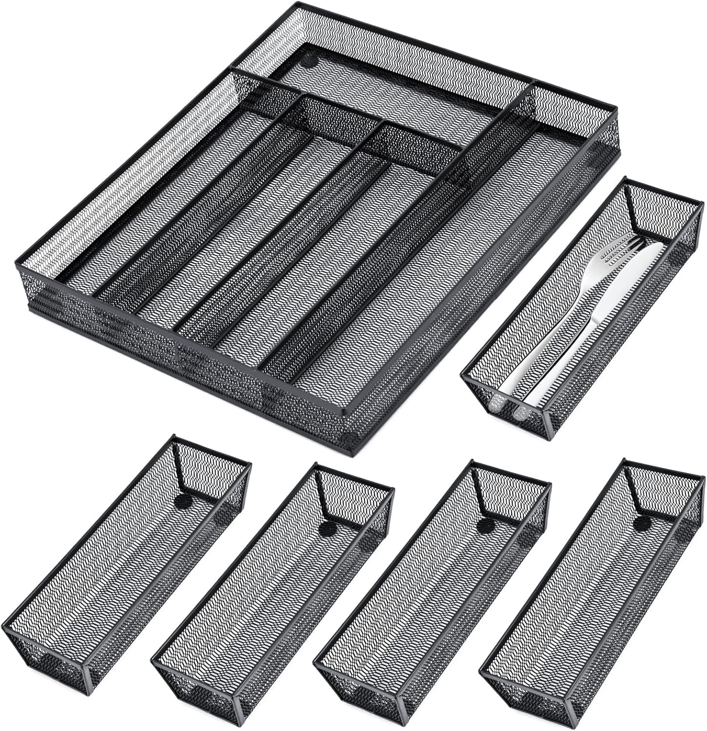 Silverware Drawer Organizer Holder, Cutlery Tray Silverware Flatware Storage Divider for Kitchen, Bedroom, Living Room,Mesh Wire with Non-slip foam Feet, 5 Compoment（ Silver）