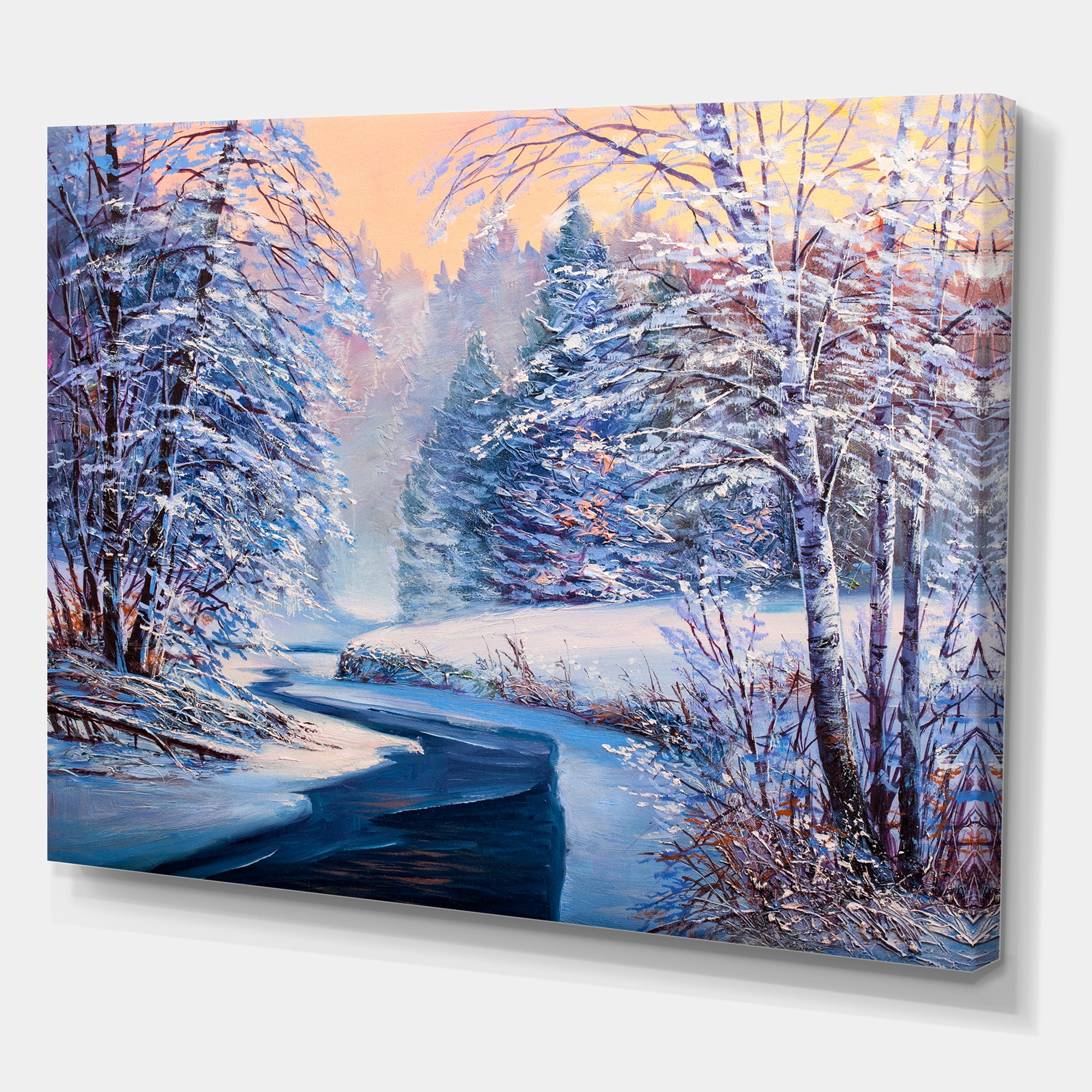 Designart ' Pastel Winter Forest With River ' Lake House Canvas Wall Art Print