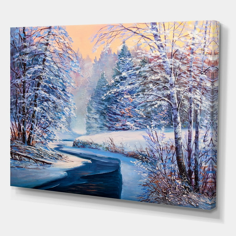 絵画 Winter  in pastel Designart Pastel Winter Forest River Canvas Wall Art Print