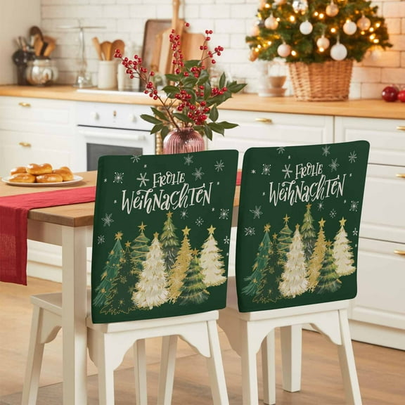 Christmas Chair Covers Set of 8 Green Xmas Tree Snow Frohe Weihnachten Dark Green Chair Back Covers Stretch Removable Washable Slipcovers Protector for Dining Room Kitchen Party Decor