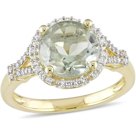 Tangelo 2-4/5 Carat T.G.W. Green Amethyst and 1/5 Carat T.W. Diamond 14kt Yellow Gold Halo Ring