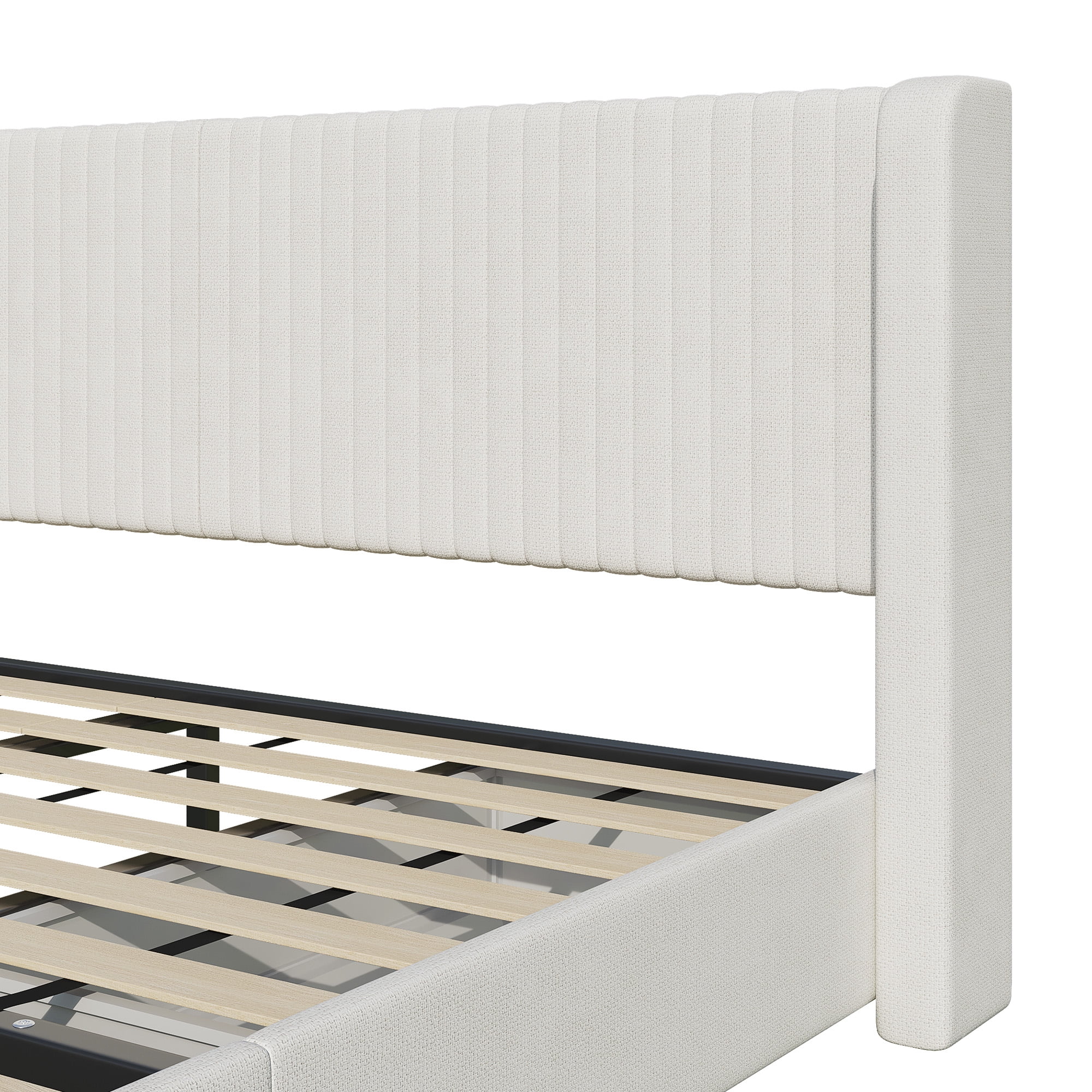 COOLHUT Upholstered Queen Size Platform Bed Frame with 4 Storage Drawers and Headboard, Wing Edge Design/Noise-Free/Wooden Slats Support/No Box Spring Needed/Easy Assembly, White