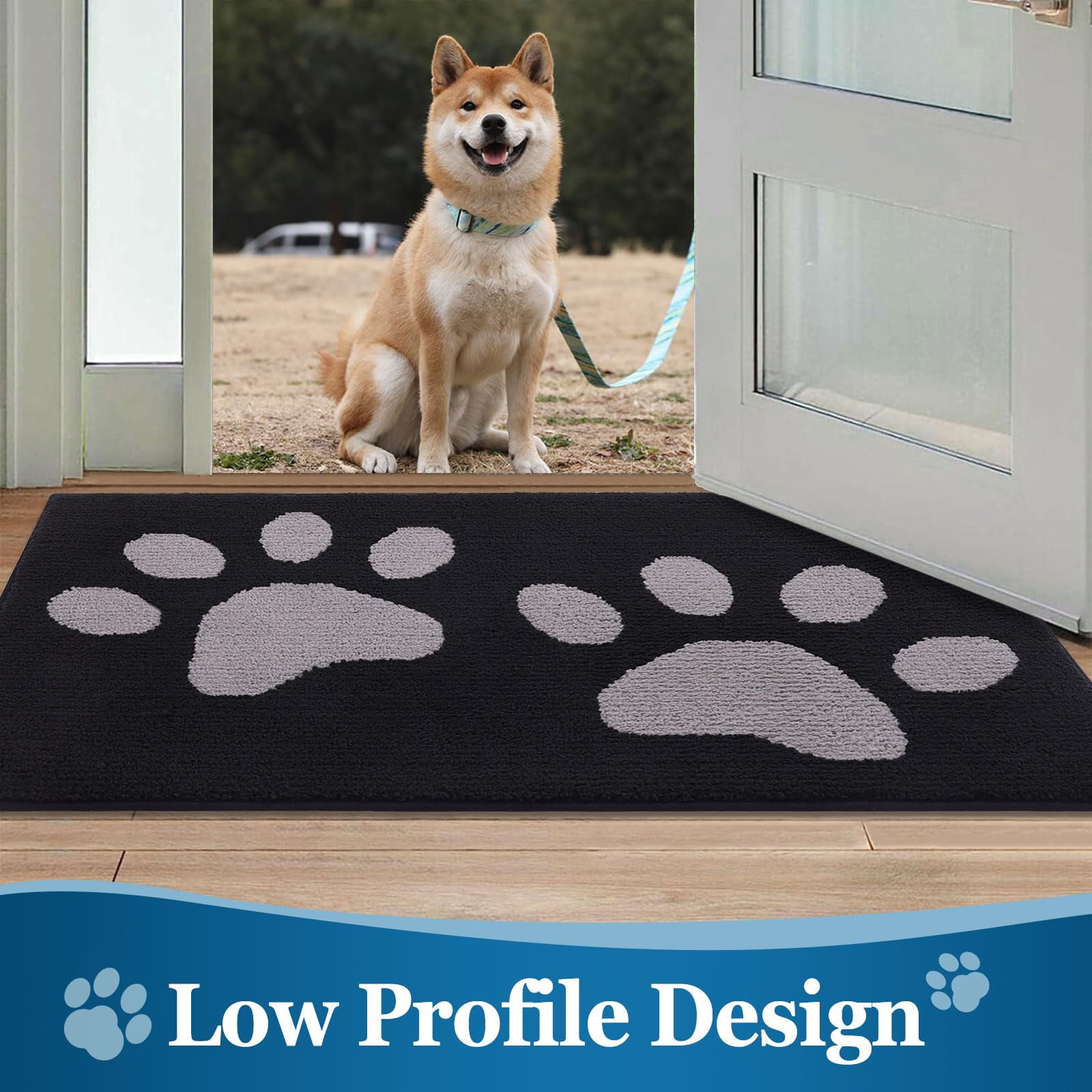 Smiry Dog Door Mats for Muddy Shoes and Paws, Non Slip Low-Profile Washable Indoor Doormats, Absorbent Dirt Trapper Entryway Rugs, 48"x30", Black and Grey