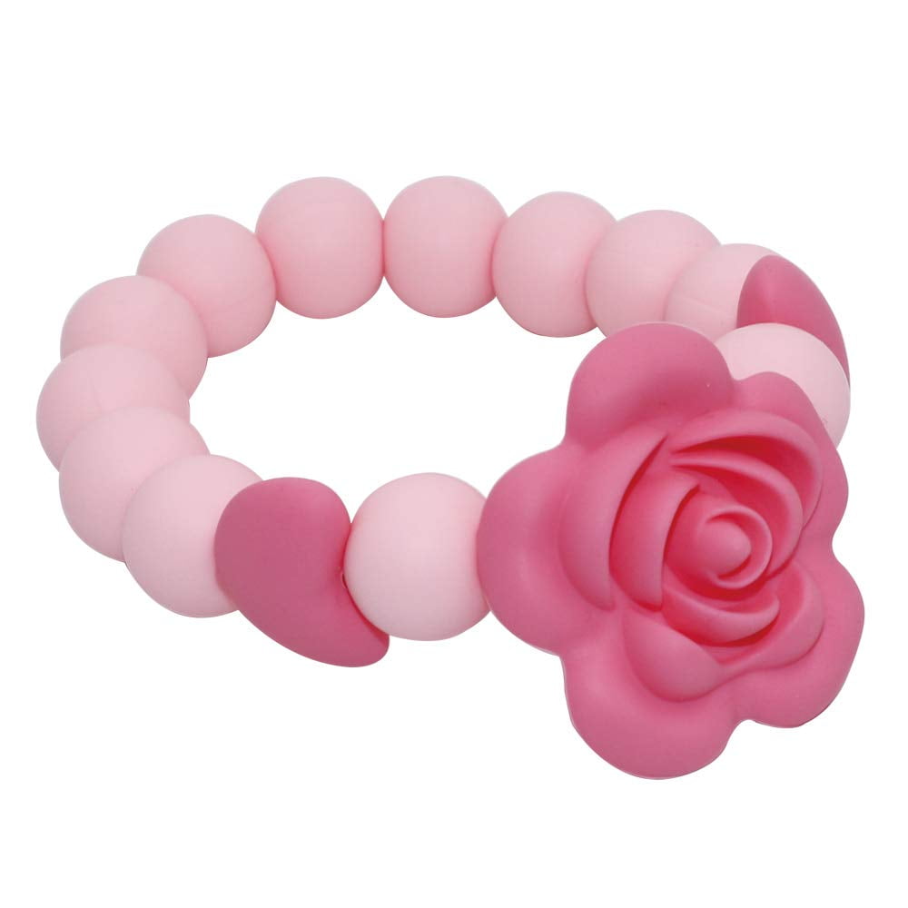 Sensory Chew Bracelet for Baby, Teething Beads Bracelet for Girls, Silicone Teether Ring Pink Rose Chewing Toys for Toddlers and Infant
