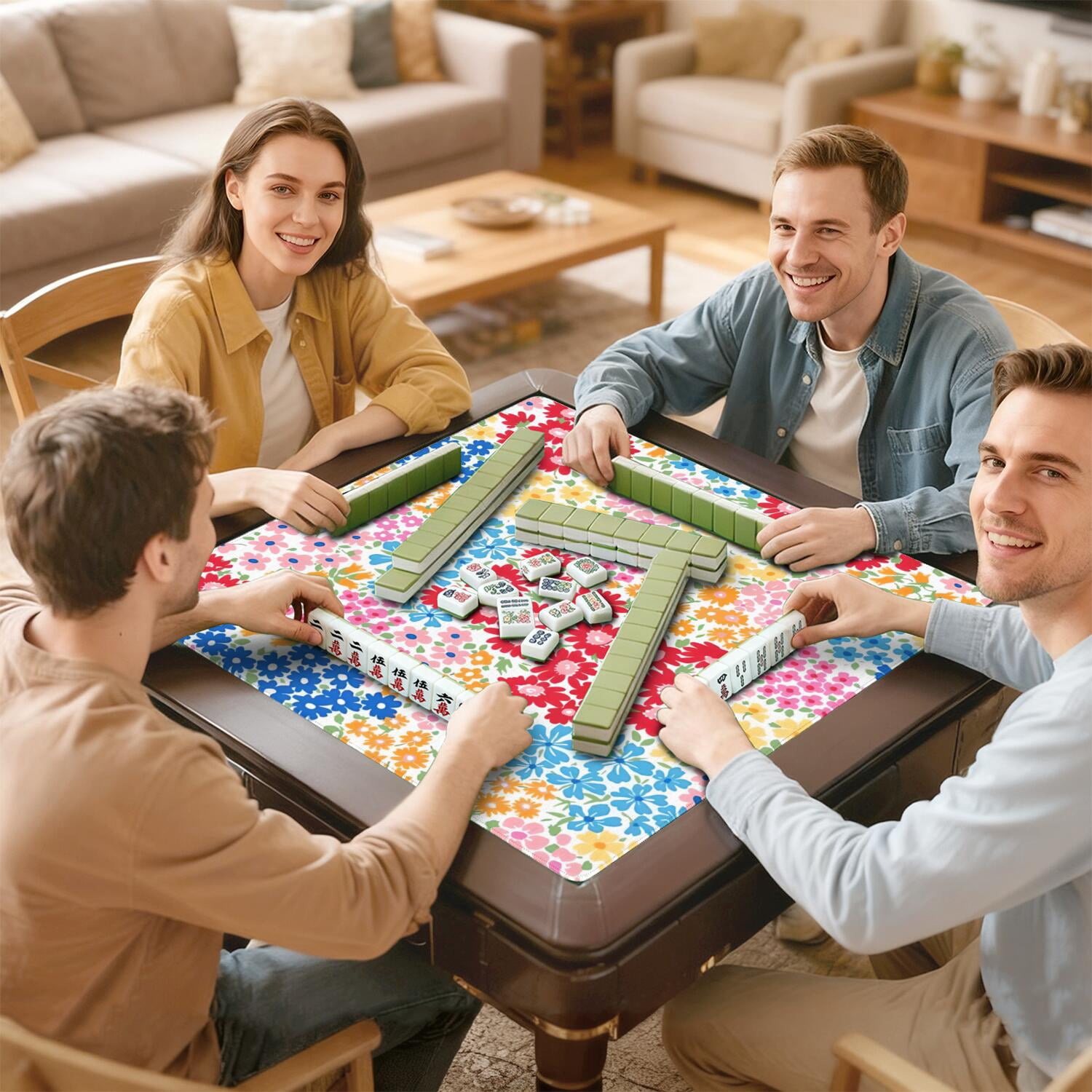 Boho Style Multi-Purpose Rubber Game Surface 31.5x31.5 Inch Mahjong Table Cover Features Non-Slip Backing and Noise Dampening for Game Room Activities