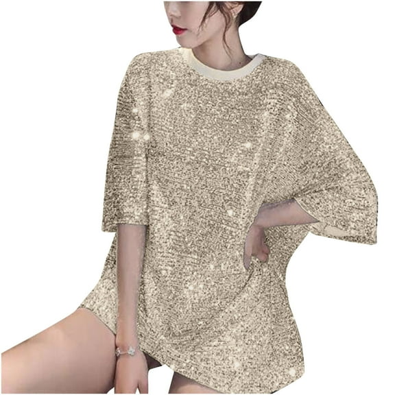 ylioge Summer Tops for Women, Womens Y2k Sequin Shirts Glitter Shiny Casual Loose Half Sleeve Crewneck Oversized Blouses T Shirt Clubwear Spring
