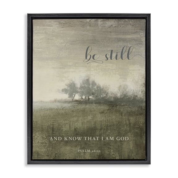 Stupell Industries Be Still over Rustic Landscape Spiritual Painting Black Floater Framed Canvas Art Print Wall Art, 17 x 21