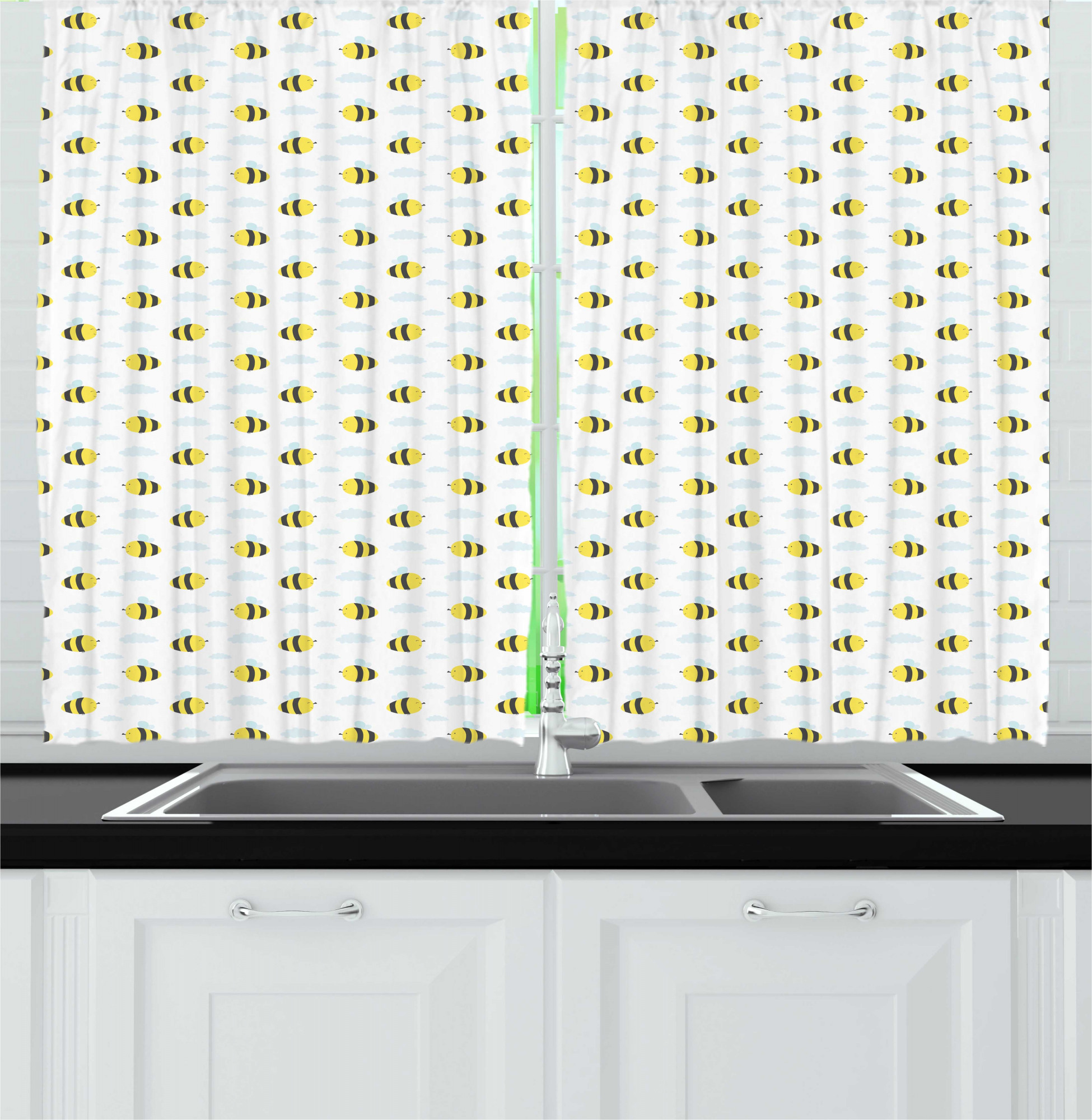 Honey Bee Kitchen Curtains, Repeating of Clouds and Stinging Animals