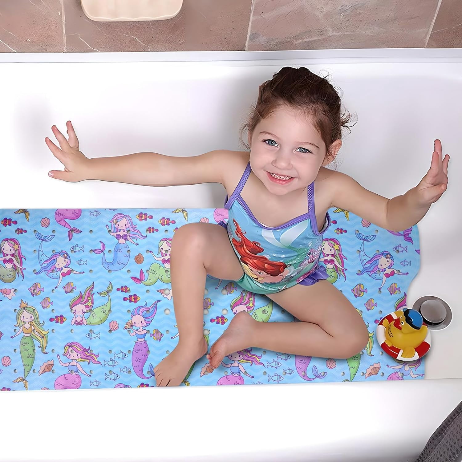 Mermaid Bathtub Mat Non Slip Shower Mat Extra Long Anti Slip Bath Mats for Tub with Suction Cups and Drain Holes