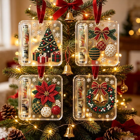 4 Pack Tree & Baubles Christmas Diamond Painting Money Holder Ornaments, DIY Acrylic Cash Gift Crafts with Rhinestones for Tree Decor and Holiday Cash Gifts, 3.94 Inch, Set