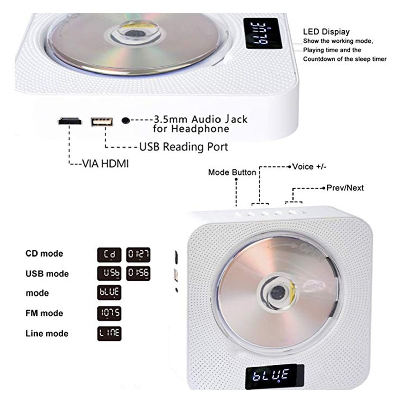 Portable DVD / CD Player BT Wall Mountable CD Music Player with Remote Control for TV Home CD Boombox ,Accurate Channel Search