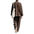 thumbnail image 3 of Szluipve Linen Sets for Women 2 Piece Half Zip Stand Collar 2 Piece Outfits Long Sleeve Contrast Piping Top & High Waist Wide Leg Pants Casual Linen‑Look Matching Set with Pockets Coffee S, 3 of 5