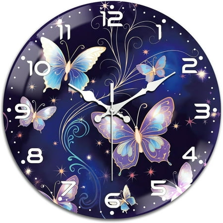 Wall Clocks Battery Operated Butterfly 12 Inch Glass Wall Clock Non Ticking for Kitchen Living Room Dining Room Bedroom and Bathroom Decor Accessories (Battery not Included)
