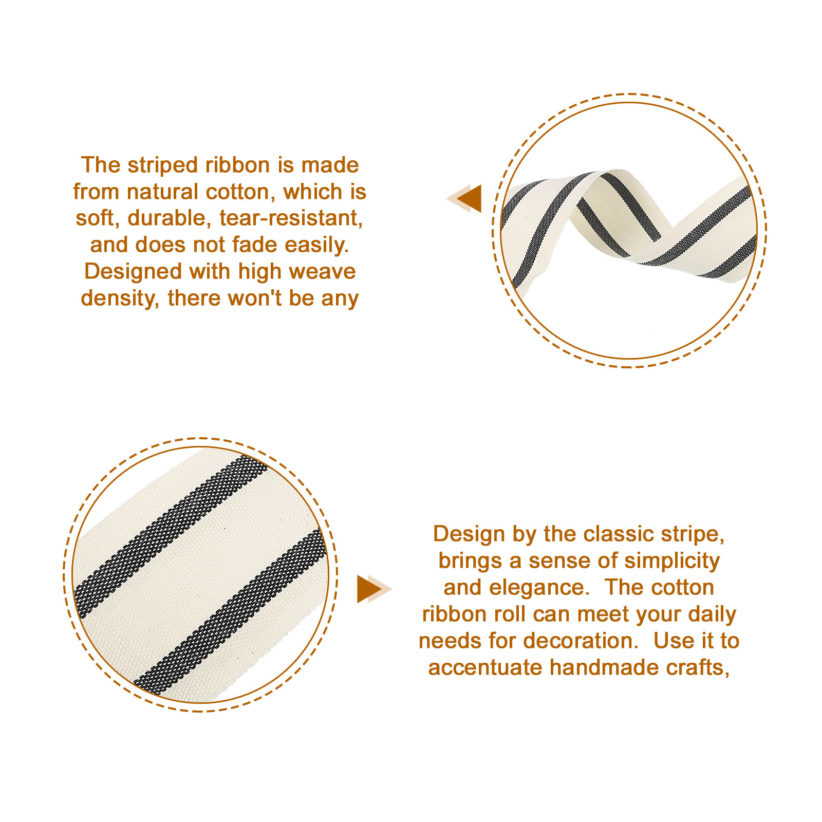 Unique Bargains Natural Cotton Striped Ribbon Gift Wrapping Natural Black 20 Yd