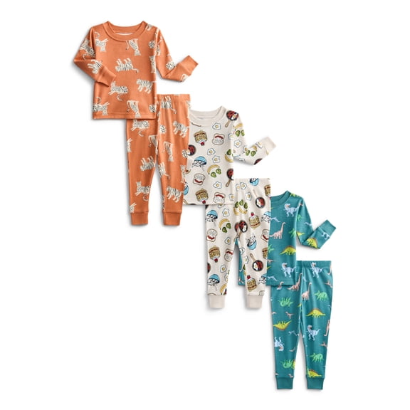 Wonder Nation Toddler Boys or Girls Cotton Long Sleeve Top and Pants Pajama Set, 6-Piece, Sizes 12M-5T