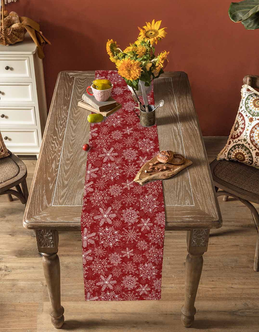 Red Snowflake Christmas Burlap-Cotton Table Runner 90 Inches Long,Xmas Snowflake Vintage Farmhouse Table Runners,Outdoor Dining Tablecloths Decor for Baby Shower Party Wedding 13x90