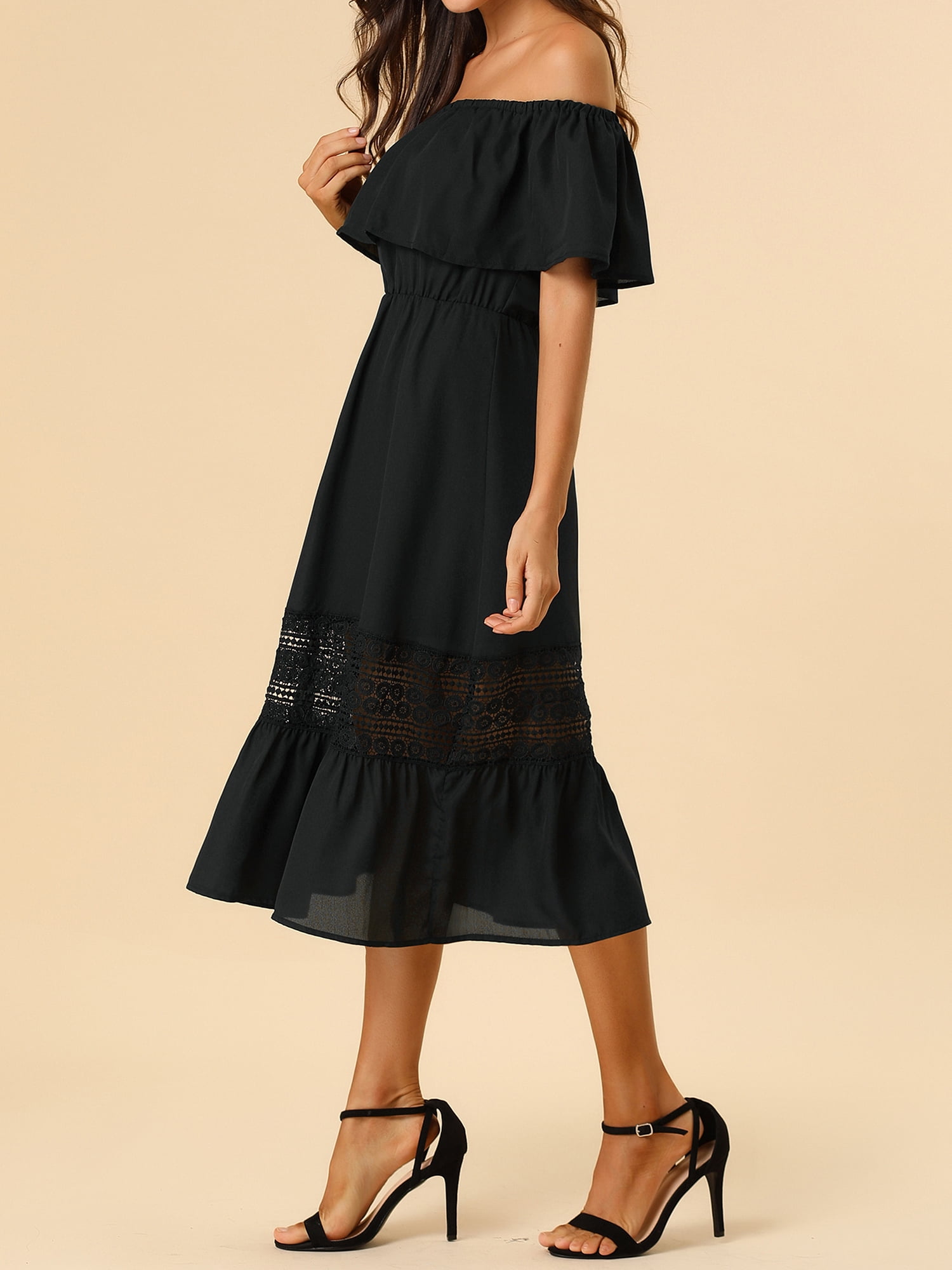 DARING DIVA Women's Off Shoulder Flutter Sleeve Maxi Dress L Black