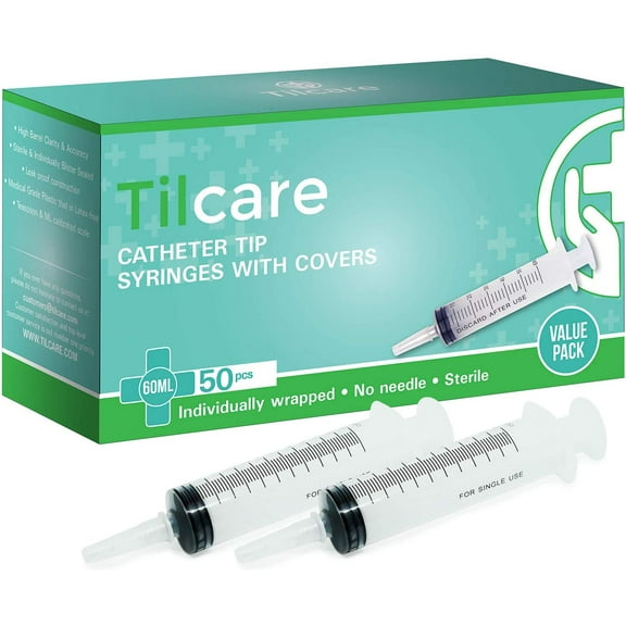 60ml Catheter Tip Syringe with Covers 50 Pack by Tilcare - Sterile Plastic Medicine Food Droppers for Children, Pets or Adults – Latex-Free Oral Medication Dispenser - Large Feeding Tube Syringes
