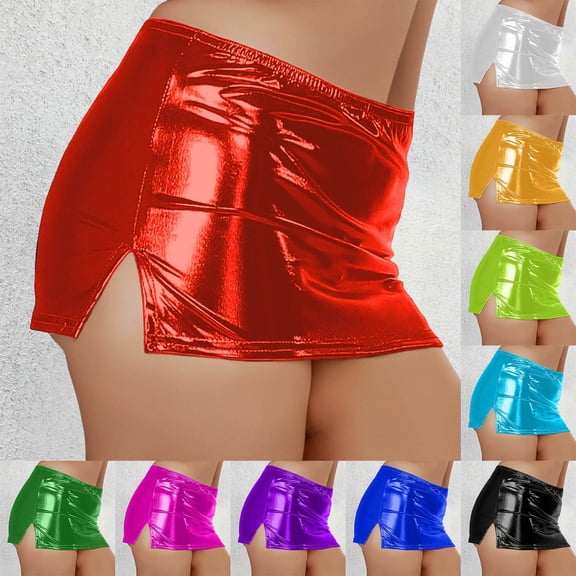 Mini Skirt for Women Carnival Bodycon Metallic Stretchy Partywear Waistband Dance Elegant Night Out Casual Womens Skirts Black