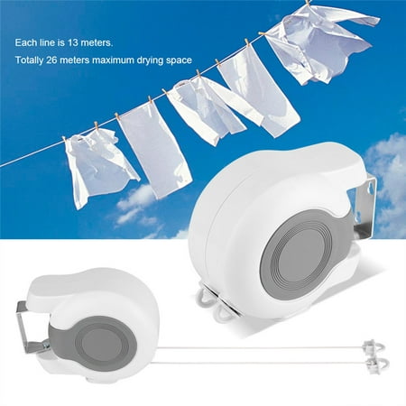 Filfeel 2 Line Retractable Clothesline, 13m Wall-Mounted Retractable Double Clothes Drying Line Indoor Outdoor Washing Hanging Laundry