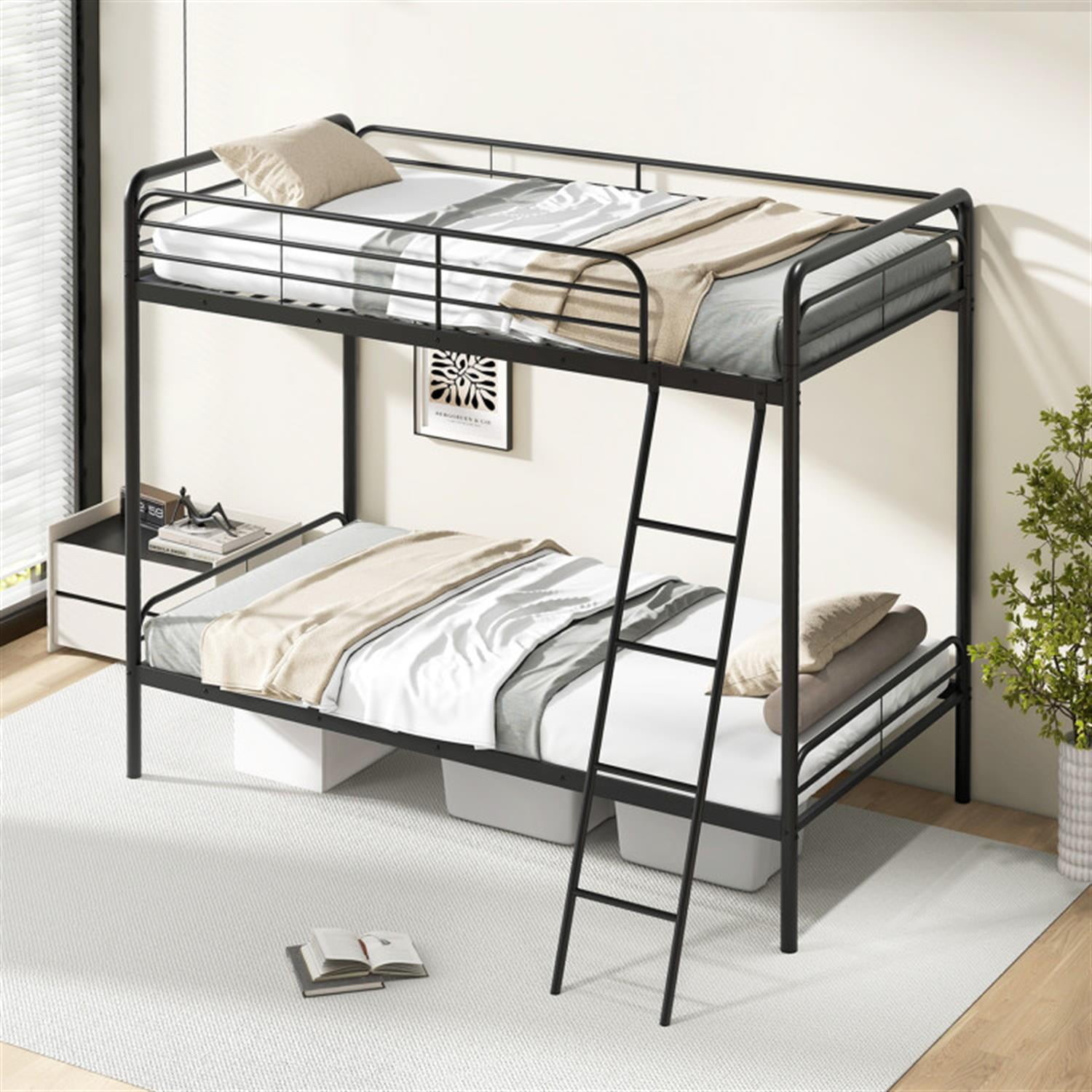 Demi Bonn Heavy Duty Metal Bunk Bed with Ladder and Safety Guardrails, Bunkbeds for Bedroom, No Box Spring Needed, Black