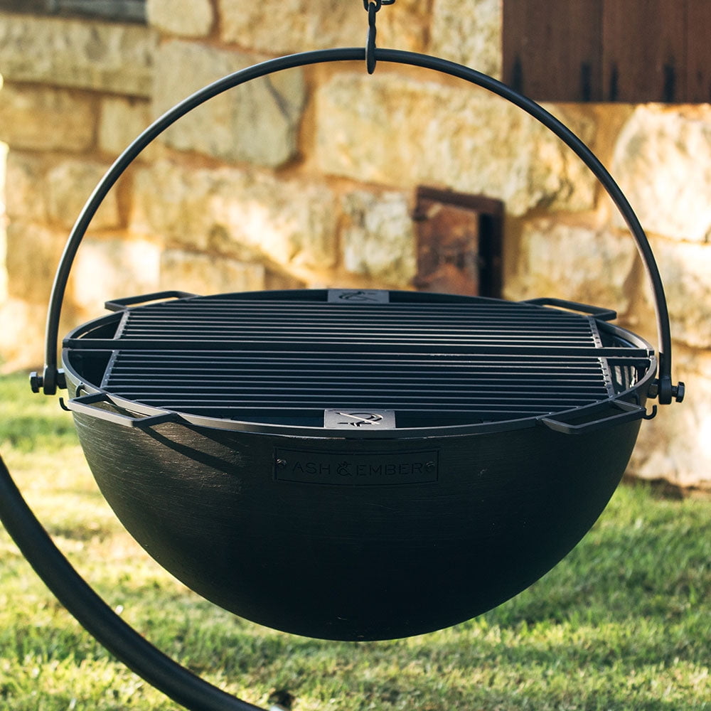 Ash & Ember 30" Cast Iron Cauldron Fire Pit Bowl with Double Hinged Grill