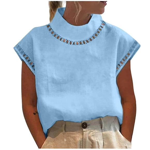 Brnmxoke Summer Linen Tops for Women Baggy Dressy Casual Mock Neck Crop Shirts Short Sleeves Loose Hollow Out Tunic Tees Light Blue,L
