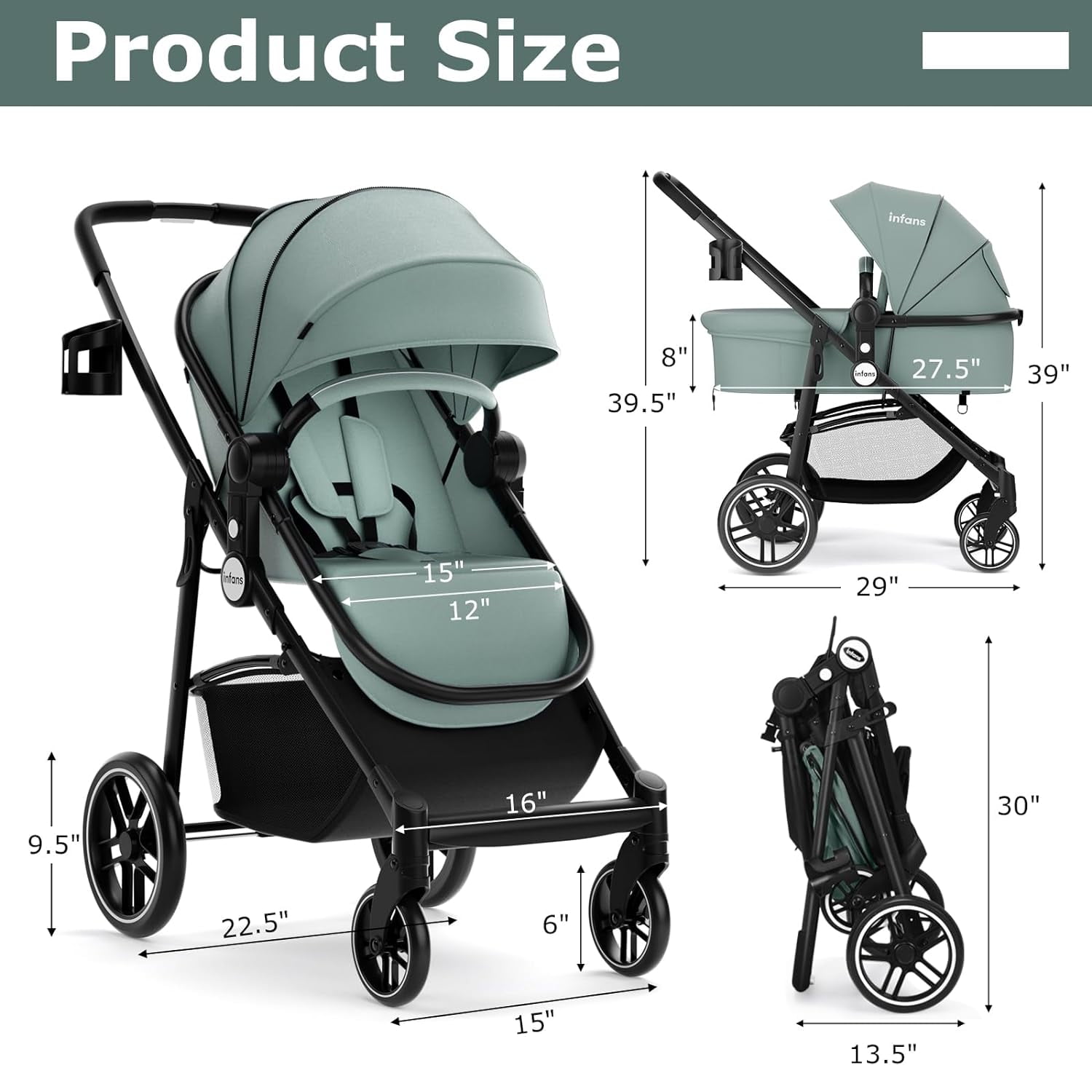 INFANS 2 in 1 Baby Stroller, High Landscape Infant Stroller, Foldable Pushchair with Adjustable Canopy, Cup Holder, Storage Basket, Suspension Wheels (Green)