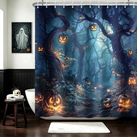 Pbobriich Halloween Shower Curtain, Spooky Forest Full Moon Crazy Pumpkin, Holiday Bathroom Decor, 72"Wx 72"L