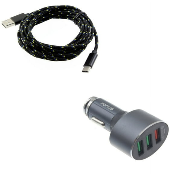 Charger Cord Type-C 10ft USB Cable w 3-Port USB 42W Quick Car Charger A7X for LG Q7 Plus, G8X ThinQ, G7 ThinQ, Stylo 4 Plus, Google Nexus 5X, G8 ThinQ, G Pad X II 10.1, 5