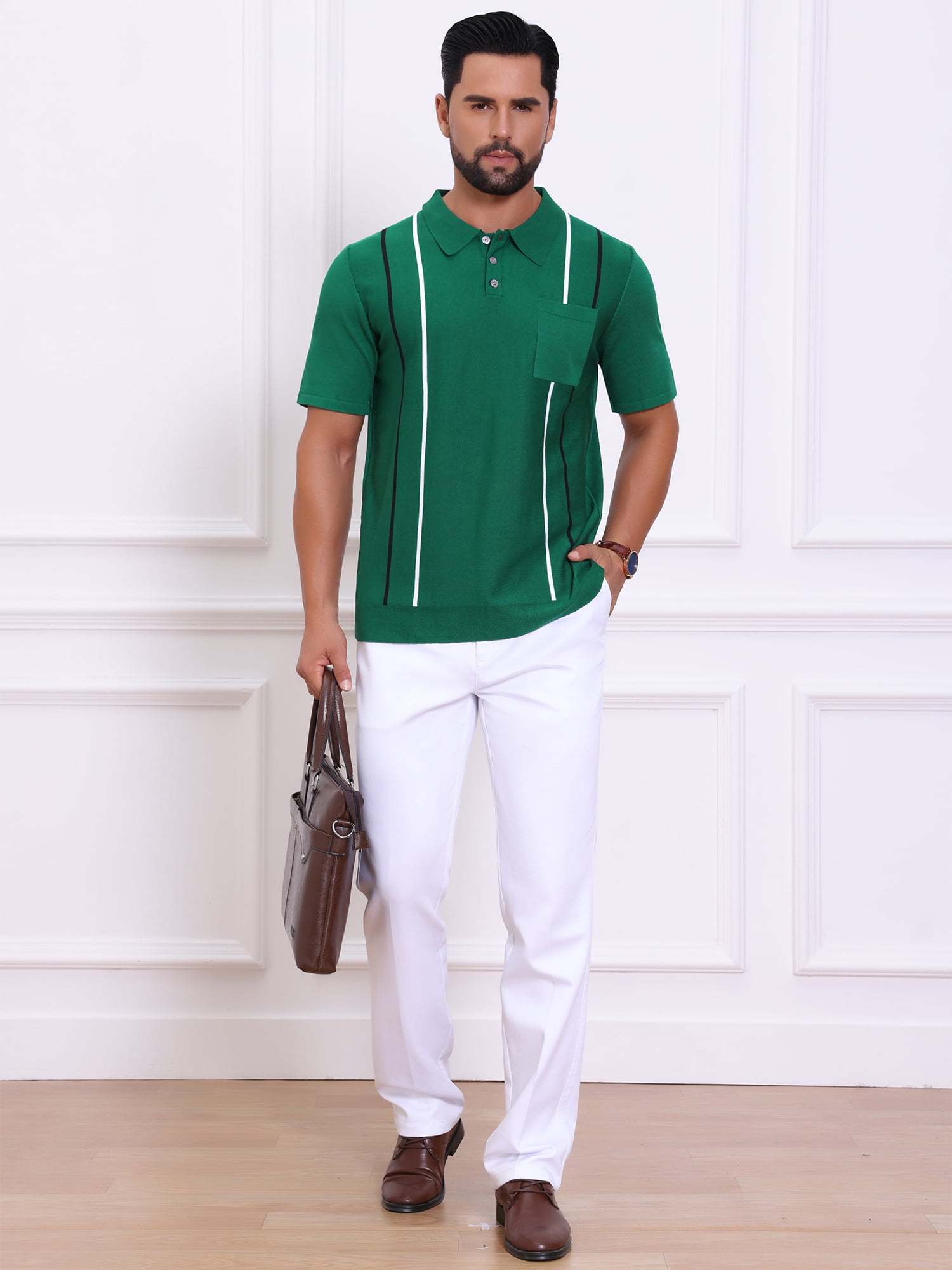 DARING DIVA Men's Striped Knit Chest Pocket Short Sleeve Vintage Golf Shirts L Green