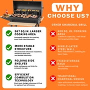 Charcoal Grill Outdoor Barrel Grill, 30 inch BBQ Grill with Warming Rack & Foldable Side Shelf, Offset Smoker Grill with Thermometer for Outdoor Cooking, Black