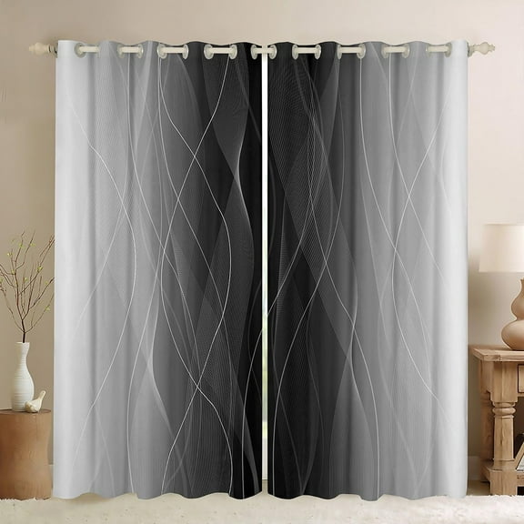 Grey and Black Darkening Drapes Strip Lines Curtains for Bedroom Living Room for Kids Women Men Ombre Printed Blackout Curtains Geometric Window Treatments-42"W x 72"L (Pack of 2)