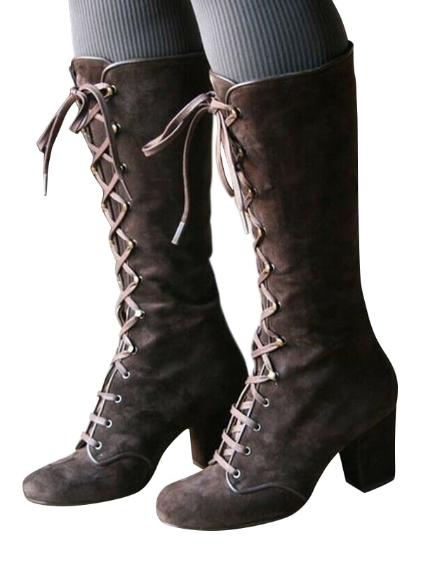 Women Round Toe Mid Block Heel Lace Up Mid Calf Boots Gothic Vintage Style Shoes