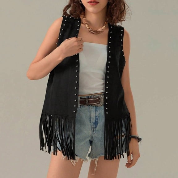 Vmvidoty 2026 Women's Cowgirl Tassel Vest 70s Hippie Faux Suede Fringe Jacket Cardigan Open Front Sleeveless Jacket Black S