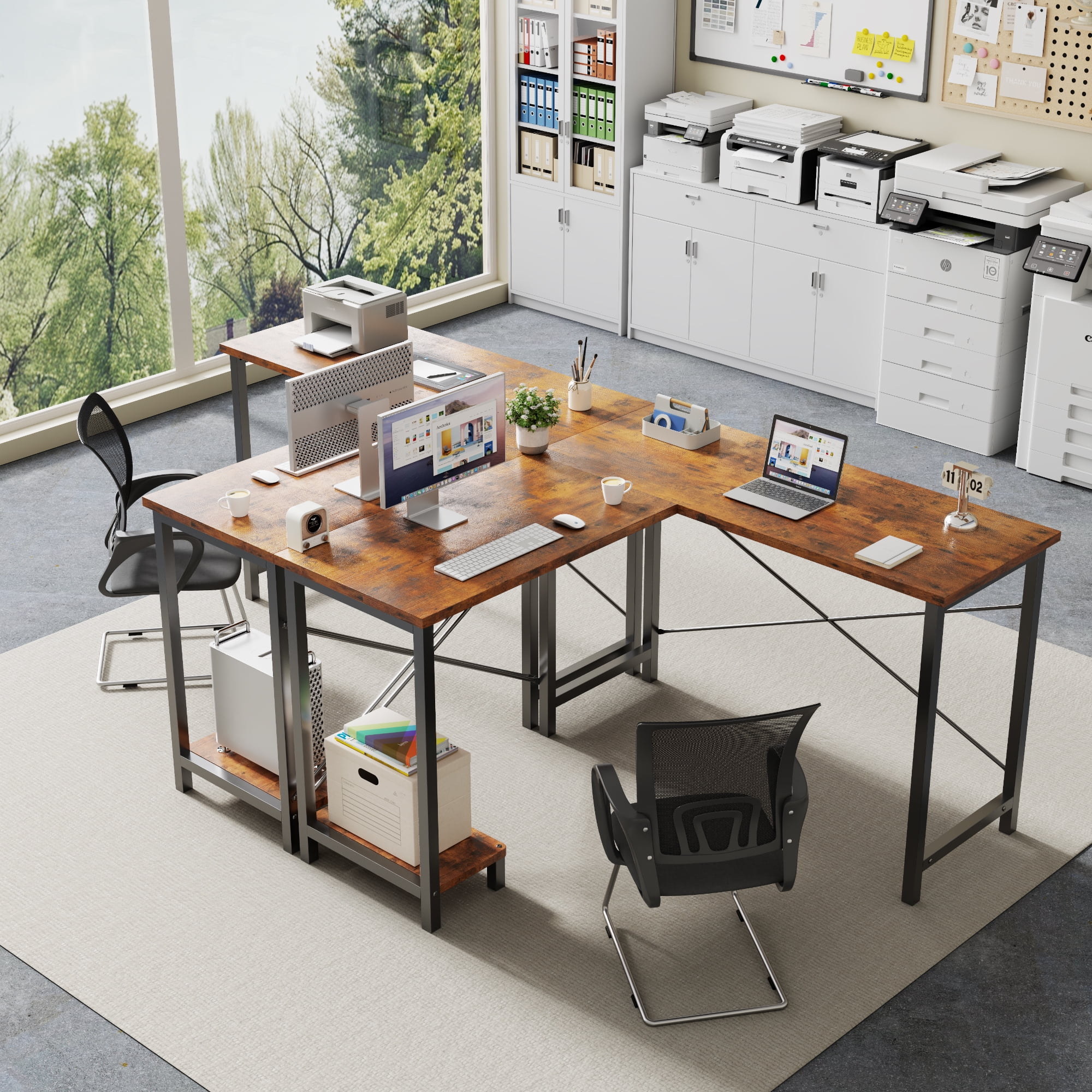 JIOABL 50" L-Shaped Corner Gaming Desk with Reversible CPU Stand, Waterproof Desktop & Metal Frame, Rustic Brown